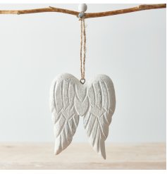 Sure to add an angelic hint to your home space, a pair of chunky wooden angel wings with a distressed white tone 