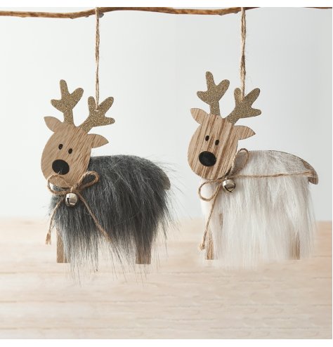 A festive mix of wooden based hanging reindeer decorations with glittery touches and faux fur features 