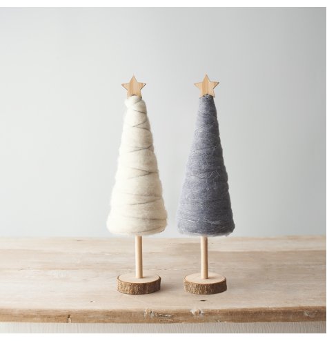 A festive mix of wooden based tree decorations with glittery touches and woollen features 