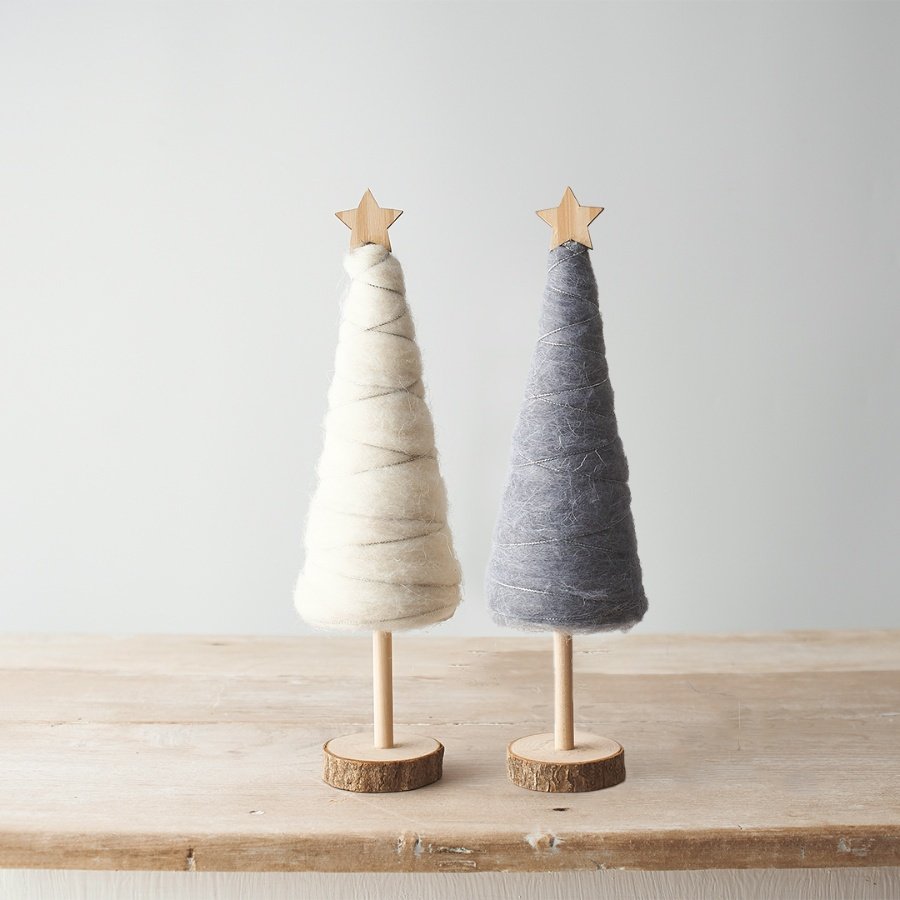  An assortment of natural wood based tree decorations with woollen accents and added festive fun 