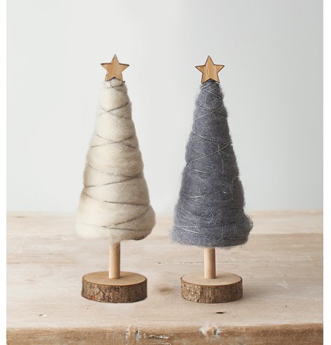 A festive mix of wooden based tree decorations with glittery touches and woollen features 