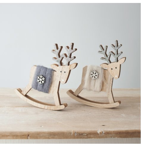 A festive mix of wooden based reindeer decorations with glittery touches and woollen features 