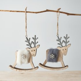 An assortment of natural wood based hanging reindeer rockers with woollen accents and added glittery touches 