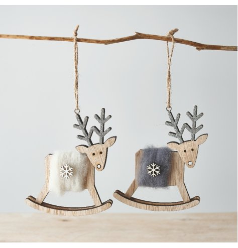 A festive mix of wooden based hanging reindeer decorations with glittery touches and woollen features 