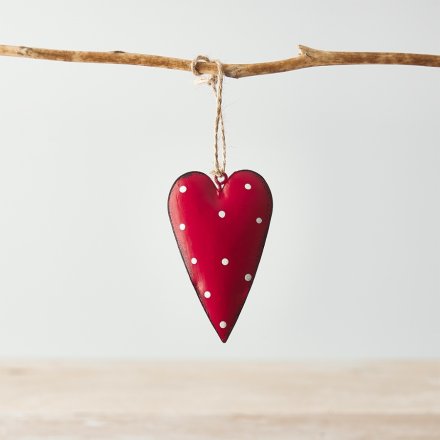 Rustic Heart Hanger With Dotty Print, Red 