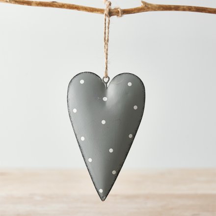 Rustic Heart Hanger With Dotty Print, Grey 