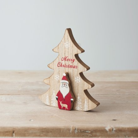  A natural toned wooden tree block with scripted text decals and an added Santa centre piece 