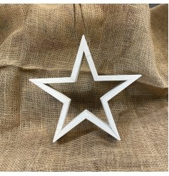  A rustic living Rough White wooden star with a distressed finish and jute hanger.