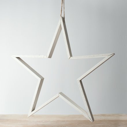 A rustic living Rough White wooden star with a distressed finish and jute hanger.