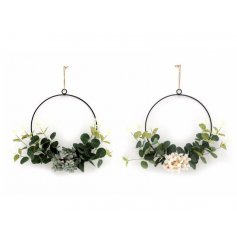 Gorgeous accents to bring to any home space or event, a mix of wire hoop wreaths with eucalyptus leaves and flowers 