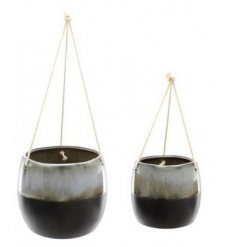  An assorted sized set of jute string hanging planters with a smoked grey and charcoal finish 