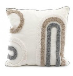 A texture covered square cushion complete with a bold grey, beige and cream hue 