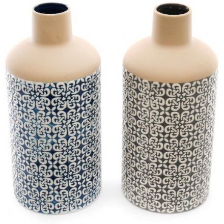 2 Assorted Embossed Bottle Vases, 32cm