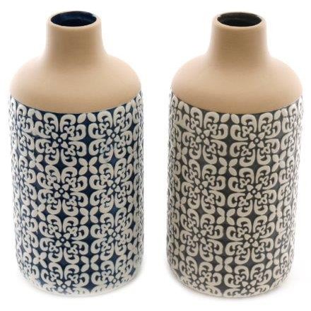 2 Assorted Embossed Bottle Vases, 23cm