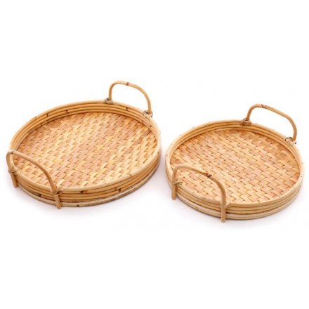 Set of 2 Natural Bamboo Trays with Handles, 35cm/30cm