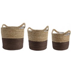 Set Of 3 Woven Baskets In 2 Toned Brown Colour