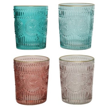 Four Assorted Coloured Glass T-Light Holders, 10cm