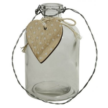 Glass Bottle Vase with Wooden Heart, 12.5cm