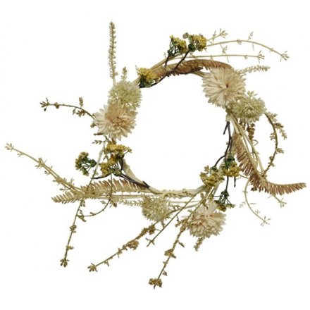 A rustic wreath with pretty artificial flowers and leaves. 