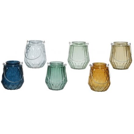 Six Assorted Glass Tealight Holders with Metal Handles, 13cm