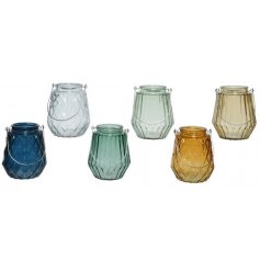 An Assortment of Six Coloured Glass Tealights with Metal Handles