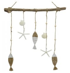 A Decorative Hanging Wall made from Jute and Driftwood in Starfish and Shell Design