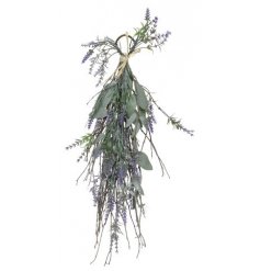 A large posy of beautifully coloured artificial lavender and leaves. Bound together with natural raffia.