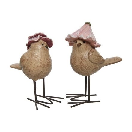 Two Assorted Birds in Flower Hats, 10cm