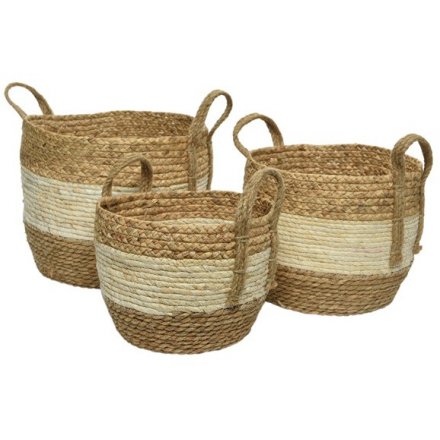 Set of 3 Cornleaf Round Baskets in Natural Stripe, 27cm