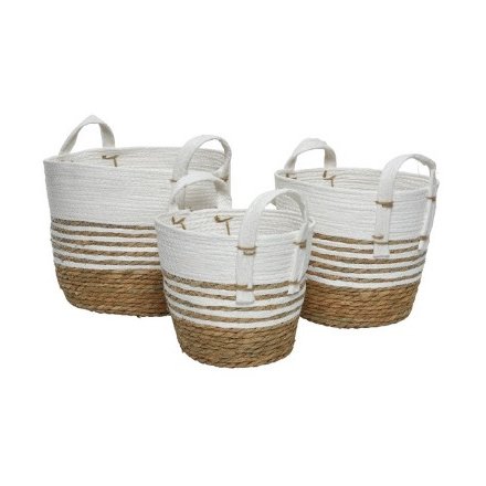 Set of 3, Grass Baskets in Netural and White Stripe, 27cm