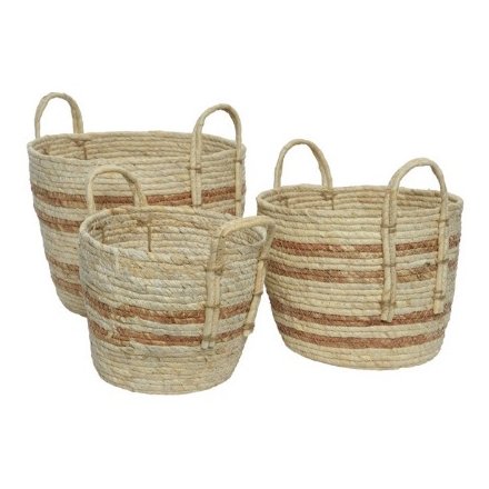 Set of Three Round Stripped Baskets in Cornleaf Fabric,  26cm