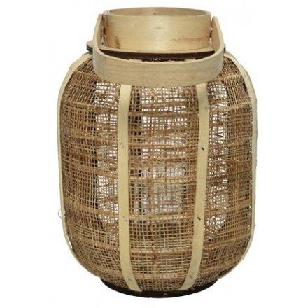 Boho Round Wood And Hessian Lantern 26cm