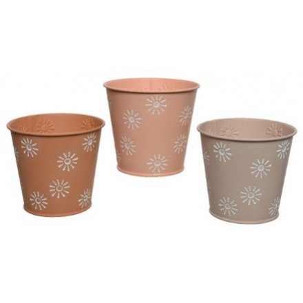 Three Assorted Round Iron Planters in Sun Decal, 12.6cm