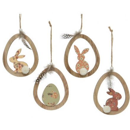 Set of 2, 4 Assorted Easter Themed Hanging Decorations, 13cm