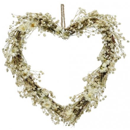 Dried Grass and Flowers Heart Wreath, 30cm