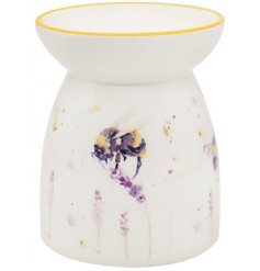 Classic and contemporary ceramic burner with delicate handpainted flowers and bees.