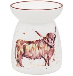 Classic and contemporary ceramic burner with delicate handpainted scenery and Highland Cow