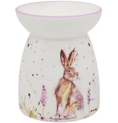 Classic and contemporary ceramic burner with delicate handpainted scenery with lavender flowers and a sprightly Hare. 