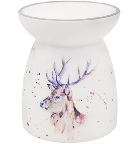Classic and contemporary ceramic burner with delicate handpainted scenery featuring a Winter Stag