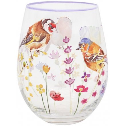 Stemless Glass With Garden Bird Design