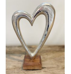 Silver Metal Heart Ornament on Wooden Base