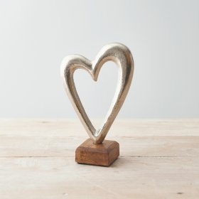 Silver Metal Heart Ornament on Wooden Base