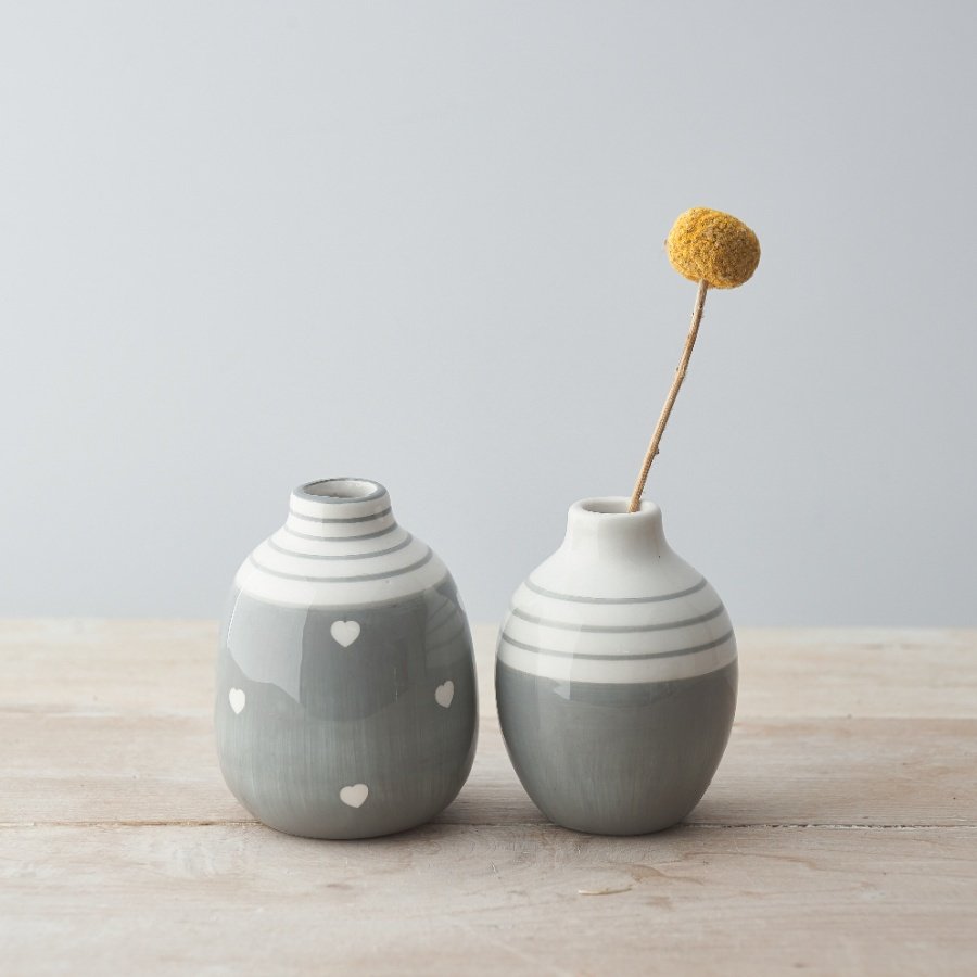 Two Assorted Vases in a mix of Grey and White, in a Stripe and Heart Design