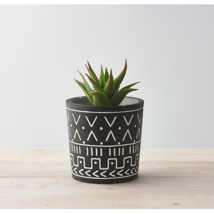 A Quirky Planter in Monochrome Aztec Design