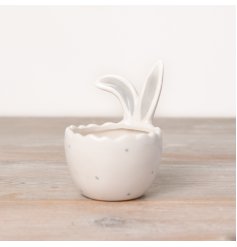 A Large White Ceramic Egg Cup with Rabbit Ears and Grey Detailing
