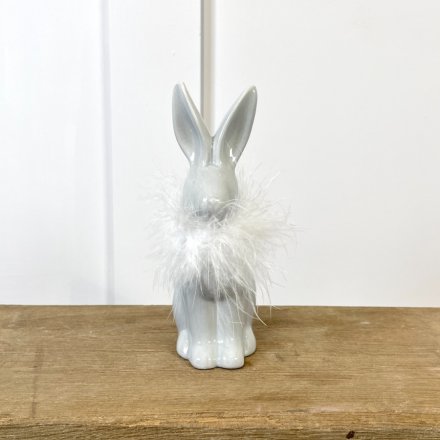 An Adorable Standing Grey Rabbit Ornament with White Feathered Neck