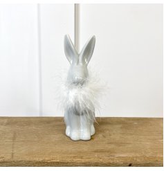 An Adorable Standing Grey Rabbit Ornament with White Feathered Neck