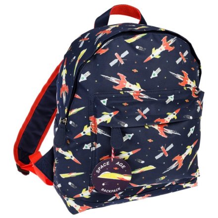 Part of the Space age design, a navy backpack covered in space rockets and stars.