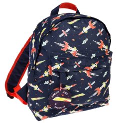Part of the Space age design, a navy backpack covered in space rockets and stars.