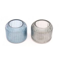 2 Assorted Ribbed Candle Holders in Smoked Glass 